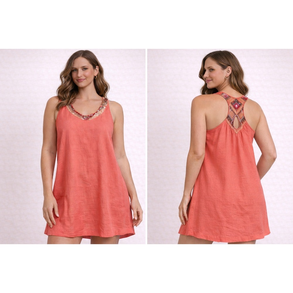 Calypso St Barth Coral Linen Beaded Tank Dress XS Resort wear beach vacation
